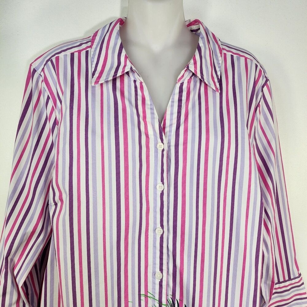 Denim & Co. Tunic Shirt XL Printed Button Front Flip Cuff Striped Purple A378276 - Picture 3 of 10